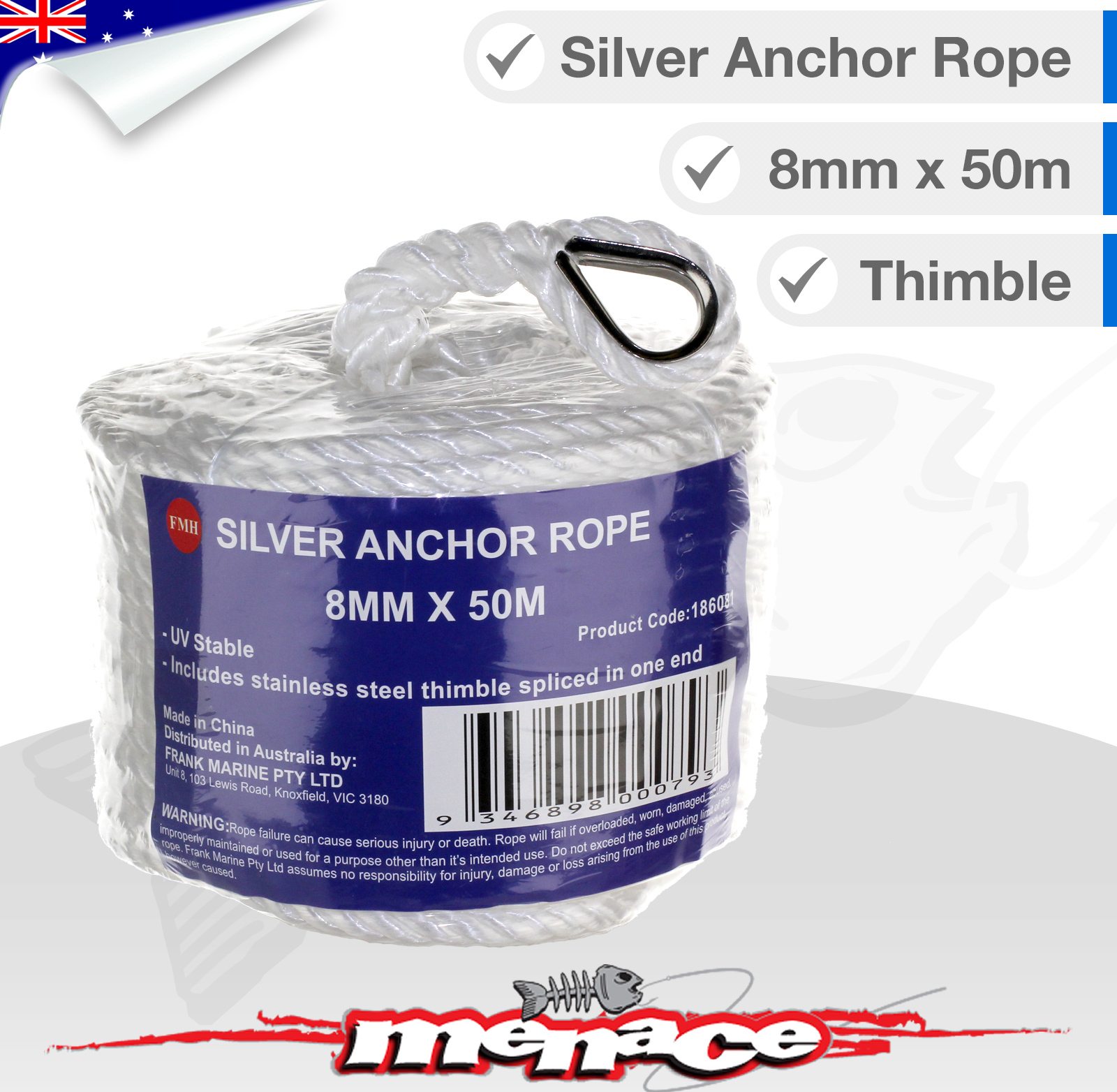 8mm x 50m ANCHOR ROPE Boat Mooring Line Braid Stainless Steel Thimble