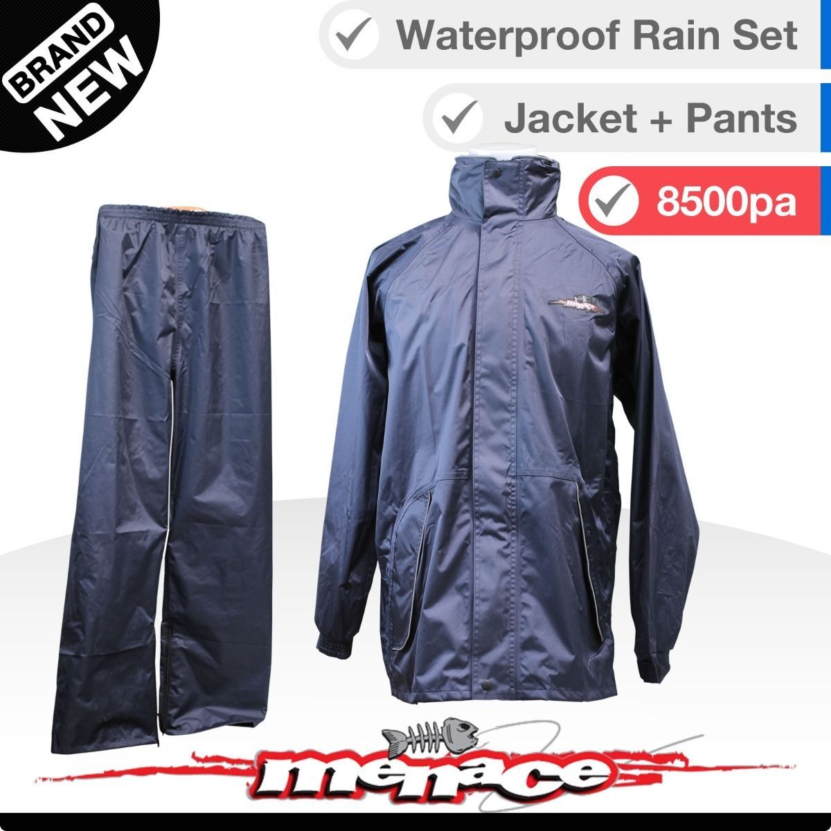 2pc Waterproof Rain Jacket and Pants Stowaway Hood & Wrist Seals Wet Weather
