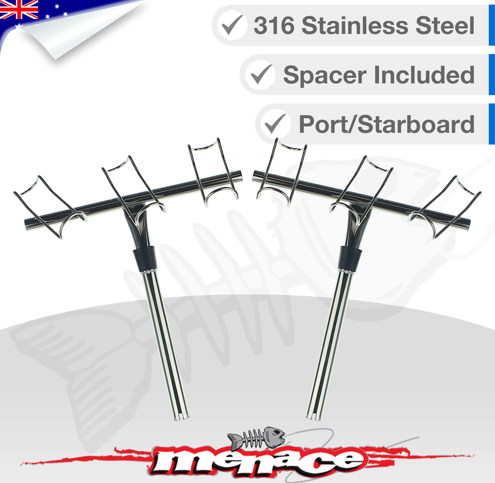 PAIR 3Way Rod Holders Marine Grade 316 Stainless Steel Boat Starboard Port