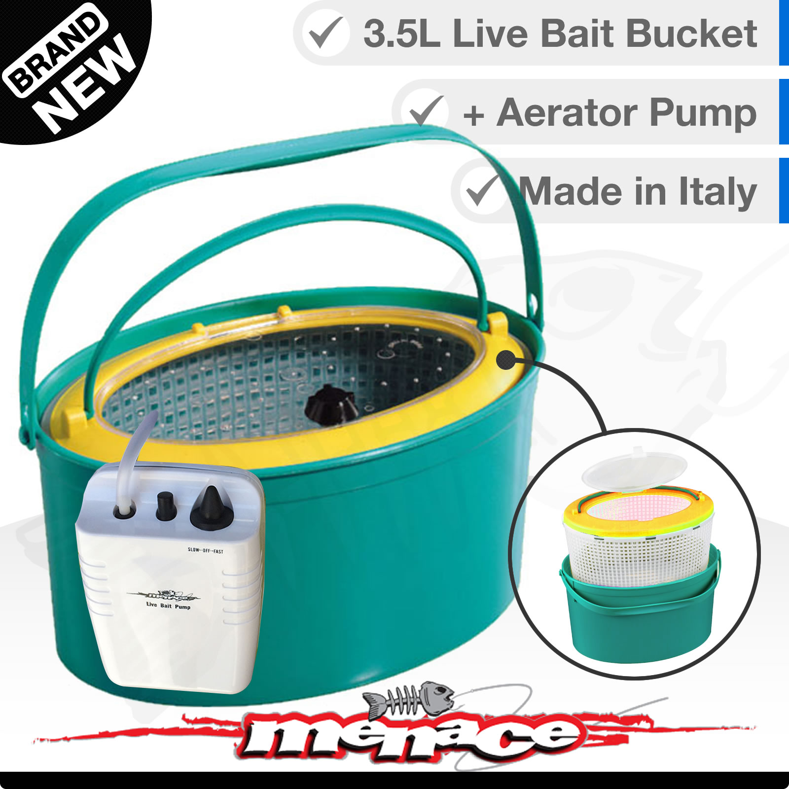 LIVE BAIT BUCKET & AERATOR PUMP 3.5L 180 hrs run time 2 speed