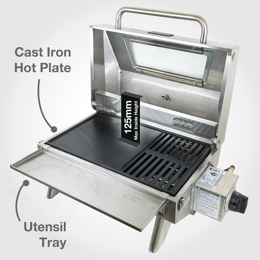 Portable 316 Marine Grade Stainless Steel BBQ with Tray & 1lb Bottle Adapter