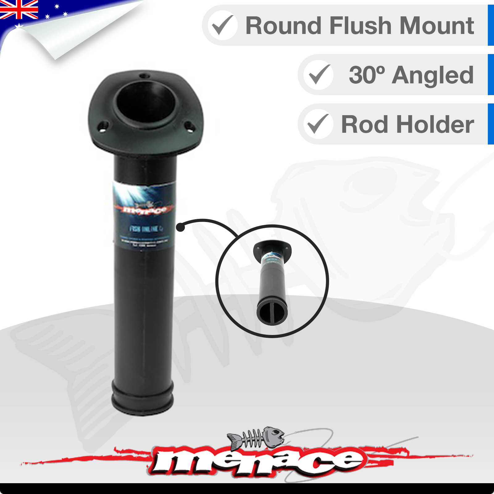 BLACK Angled 30º Degree Rod Holder Round Flush Mount Fishing