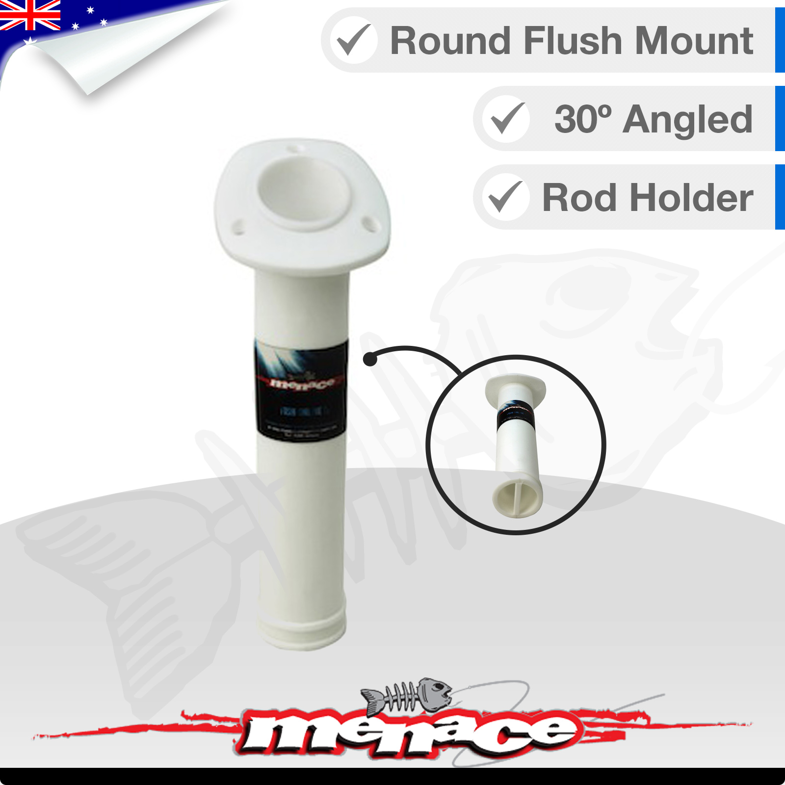 WHITE Angled 30º Degree Rod Holder Round Flush Mount Fishing Boat Gimbal Pin