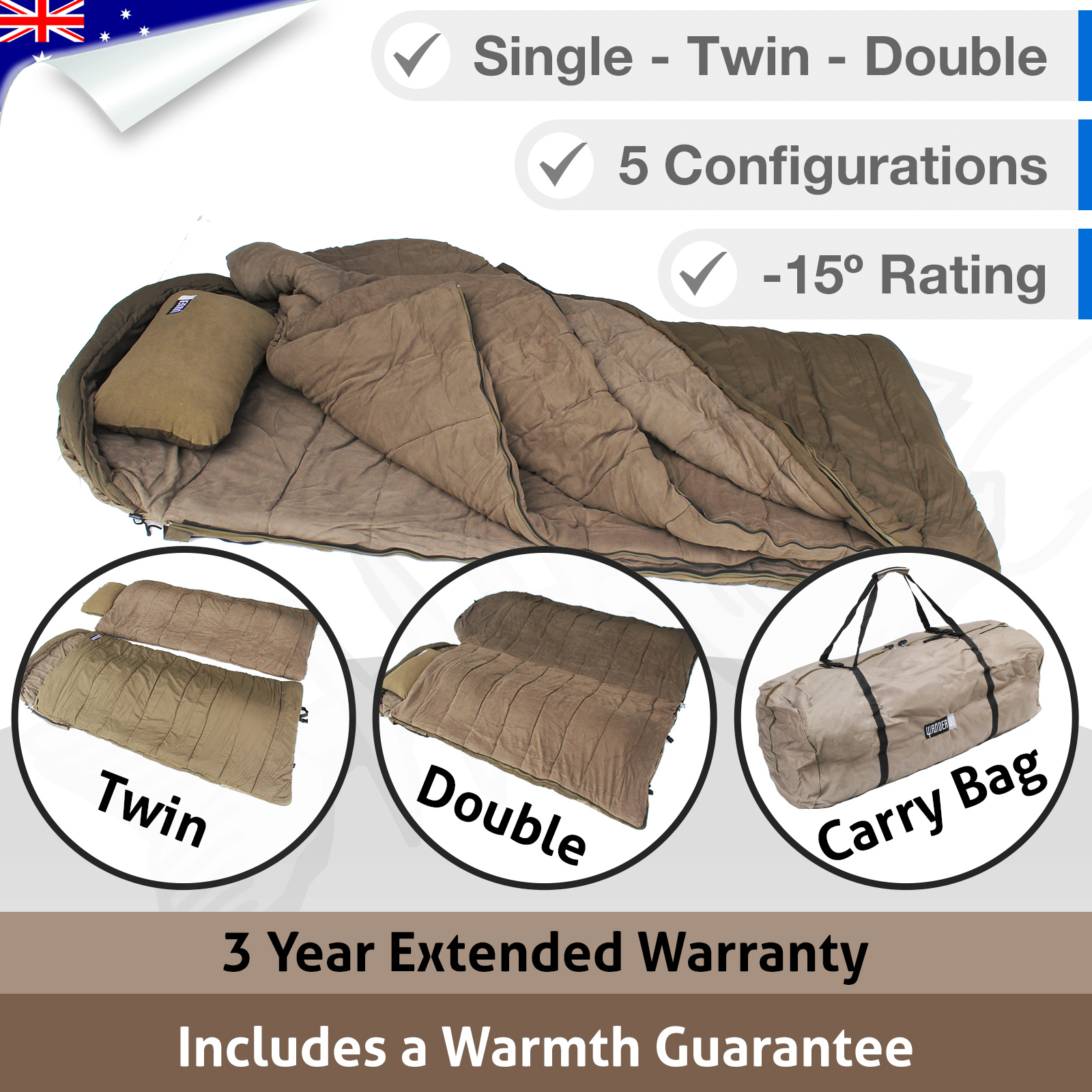 Deluxe DOUBLE Outdoor Camping Sleeping Bag Hiking Thermal Winter Twin -15  °C XL