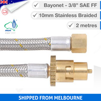 2m - Bayonet Gas BBQ Hose - 10mm Stainless Steel - 3/8 SAE FF x Male Bayonet