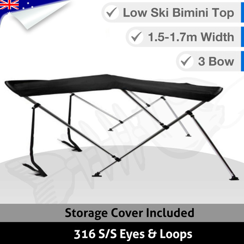 Low Ski Boat 3 BOW 1.5M-1.7M Bimini Top Boat Canopy Cover BLACK