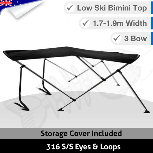 Low Ski Boat 3 BOW 1.7M-1.9M Bimini Top Boat Canopy Cover BLACK