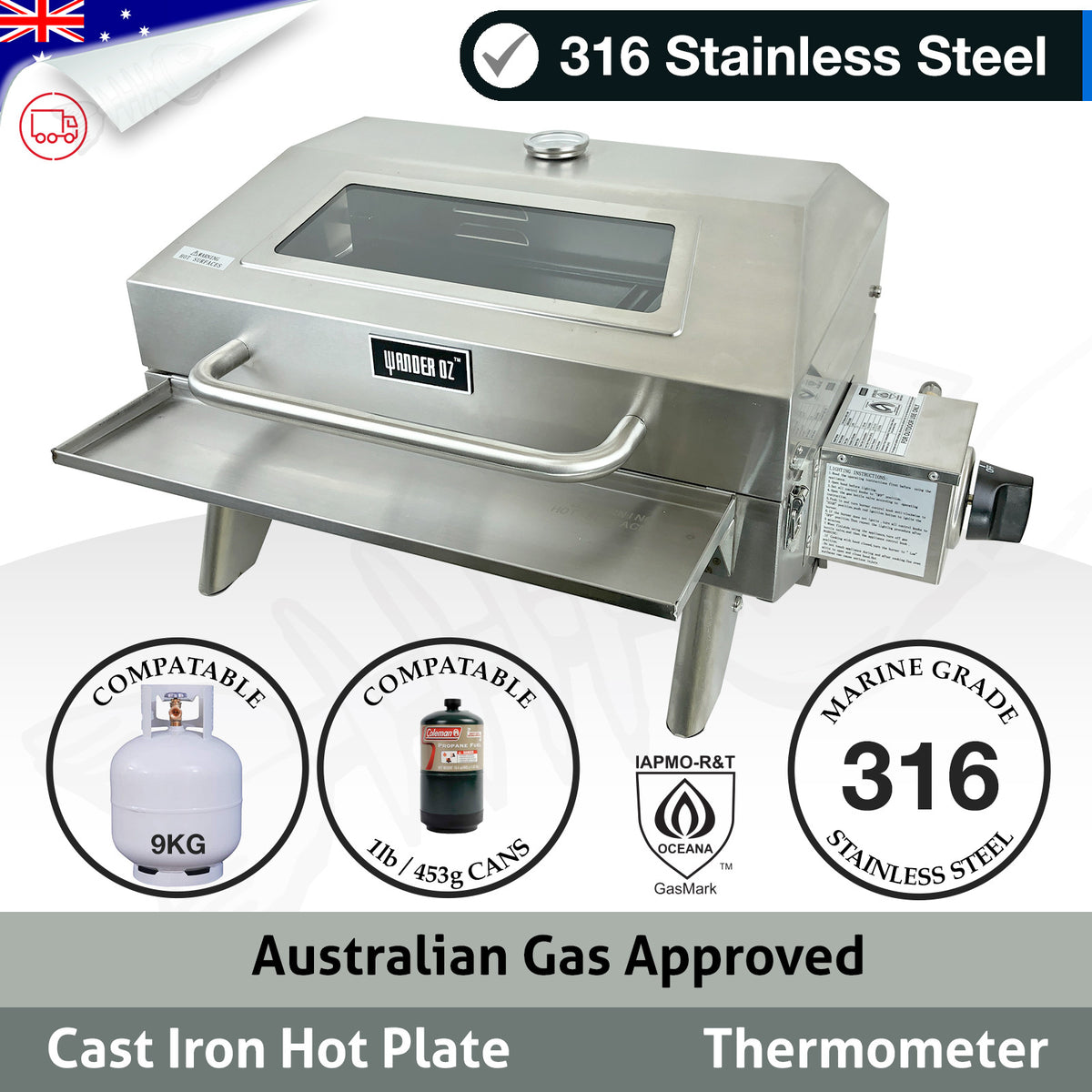 Portable 316 Marine Grade Stainless Steel BBQ with Tray & 1lb Bottle Adapter