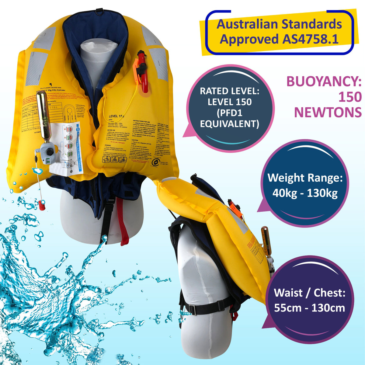 ADULT Inflatable Life Jacket Level 150 PFD Type 1 - BLUE MANUAL