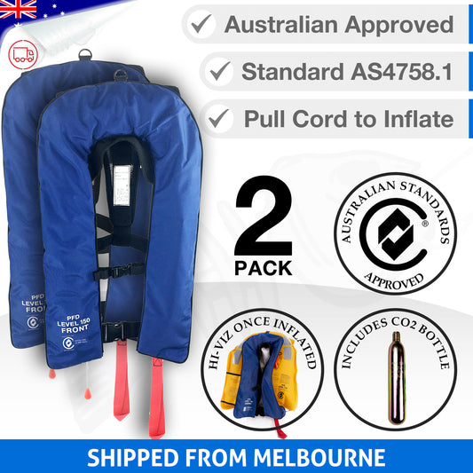 2 x ADULT Inflatable Life Jacket PFD Type 1 Level 150 - Blue (ECO Version)