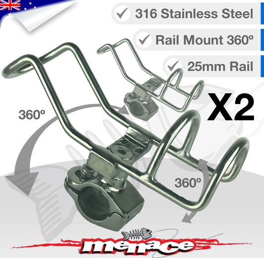 2 x 316 Stainless Steel Adjustable RAIL MOUNT ROD Holder [25mm]