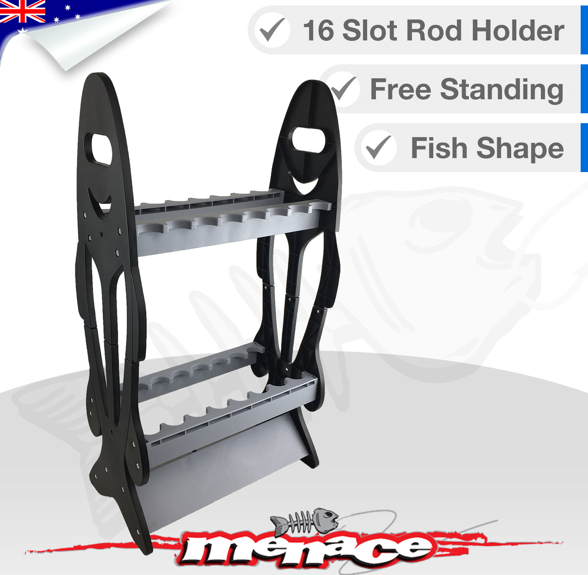 Fish shaped Rod Rack Holder - Holds 16 Rods (black/grey)