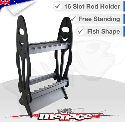 Fish shaped Rod Rack Holder - Holds 16 Rods (black/grey)